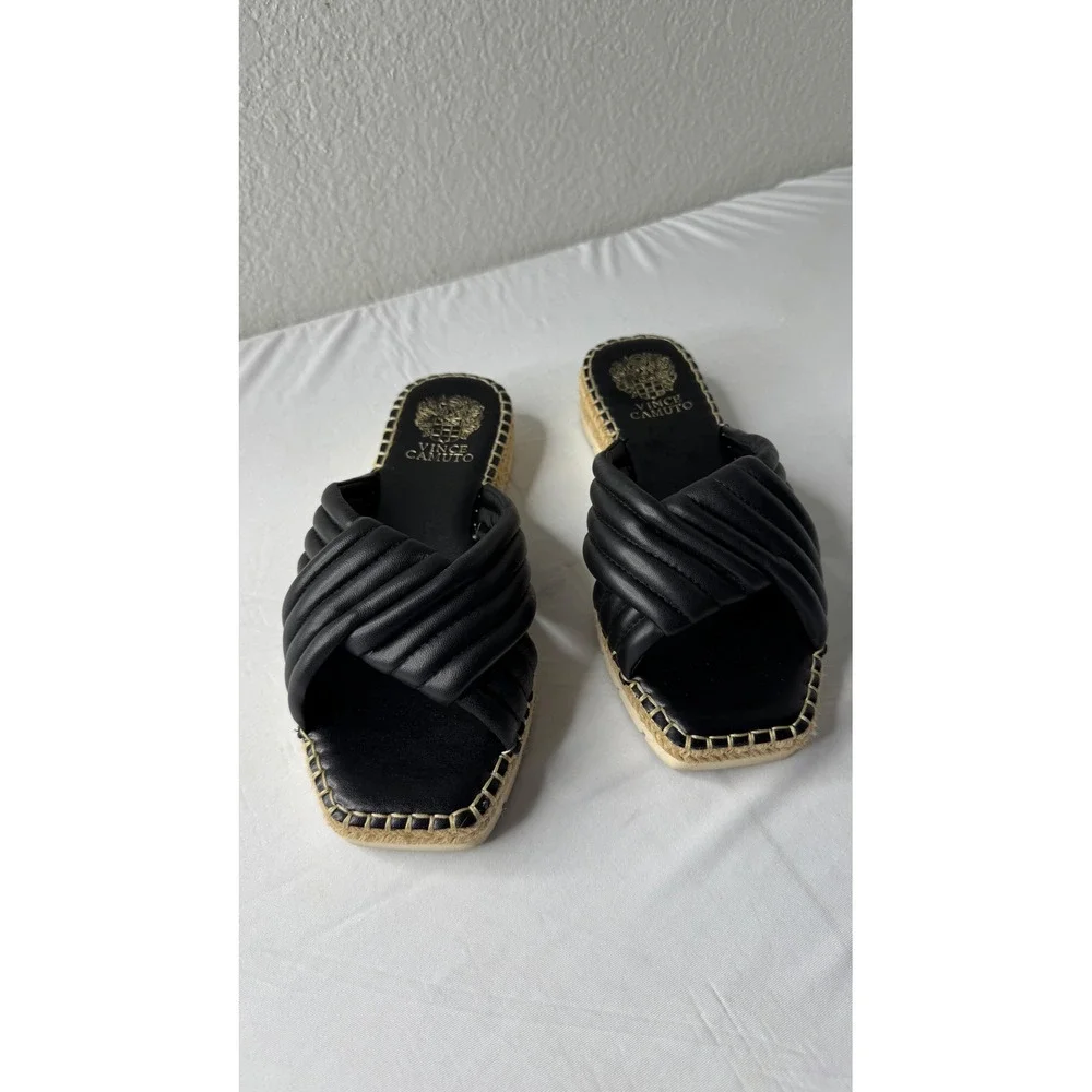 Vince Camuto Black Leather Quilted Twist Espadrille Platform Slide Sandals